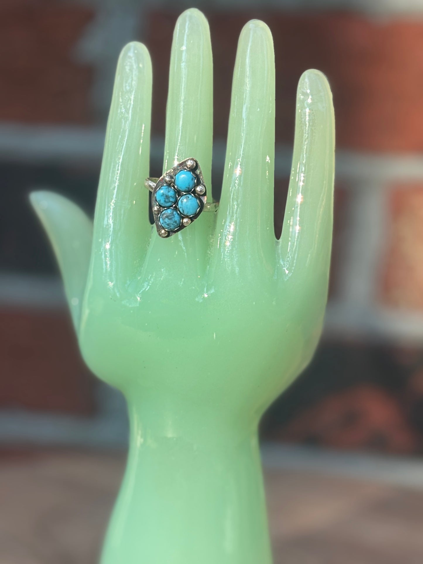 Unique Diamond-Shaped Ring with Four Round Turquoise Cabochons - Size 9