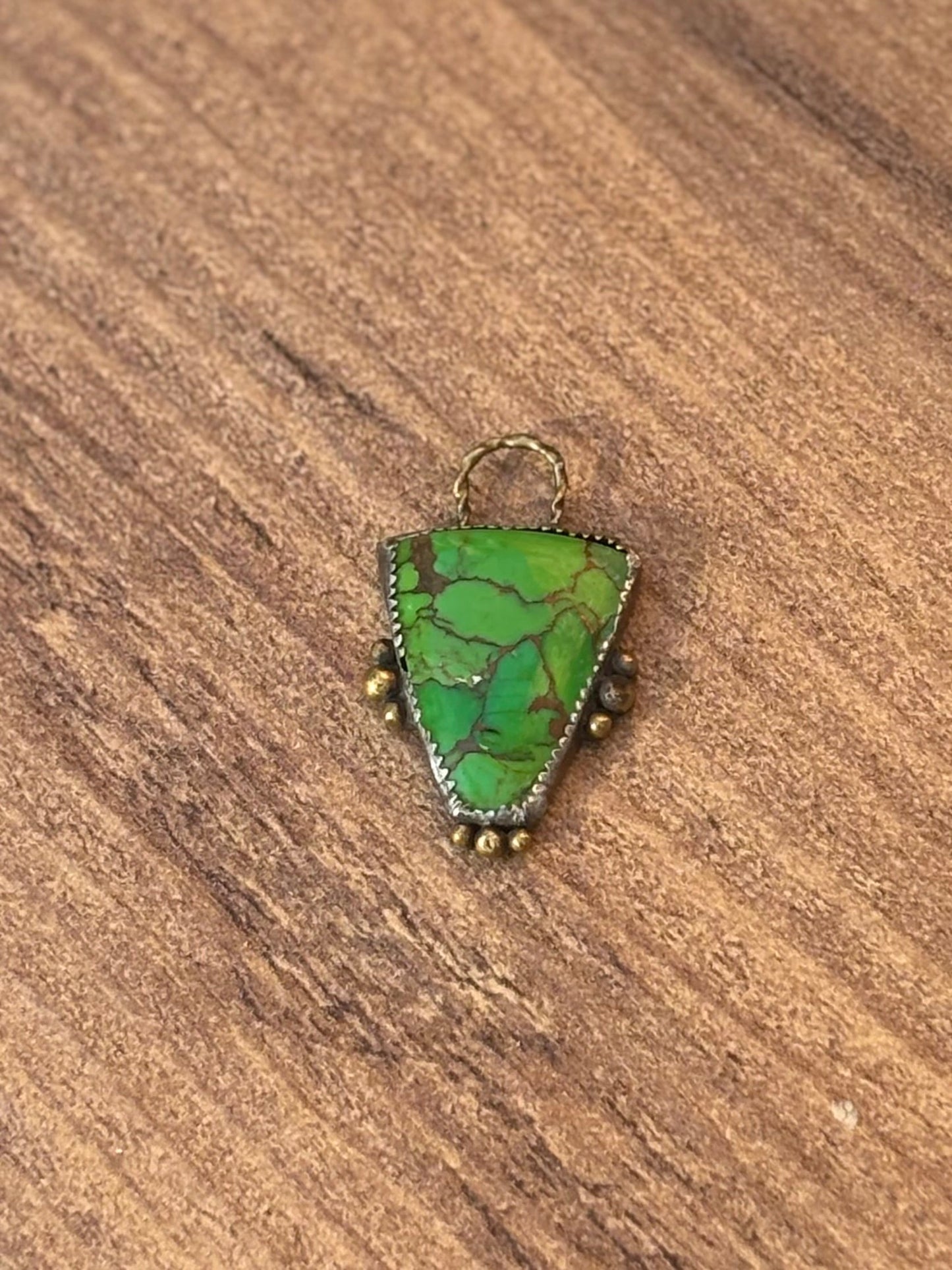 Bold Green Variscite Turquoise Pendant with Copper Veins in Silver and Brass