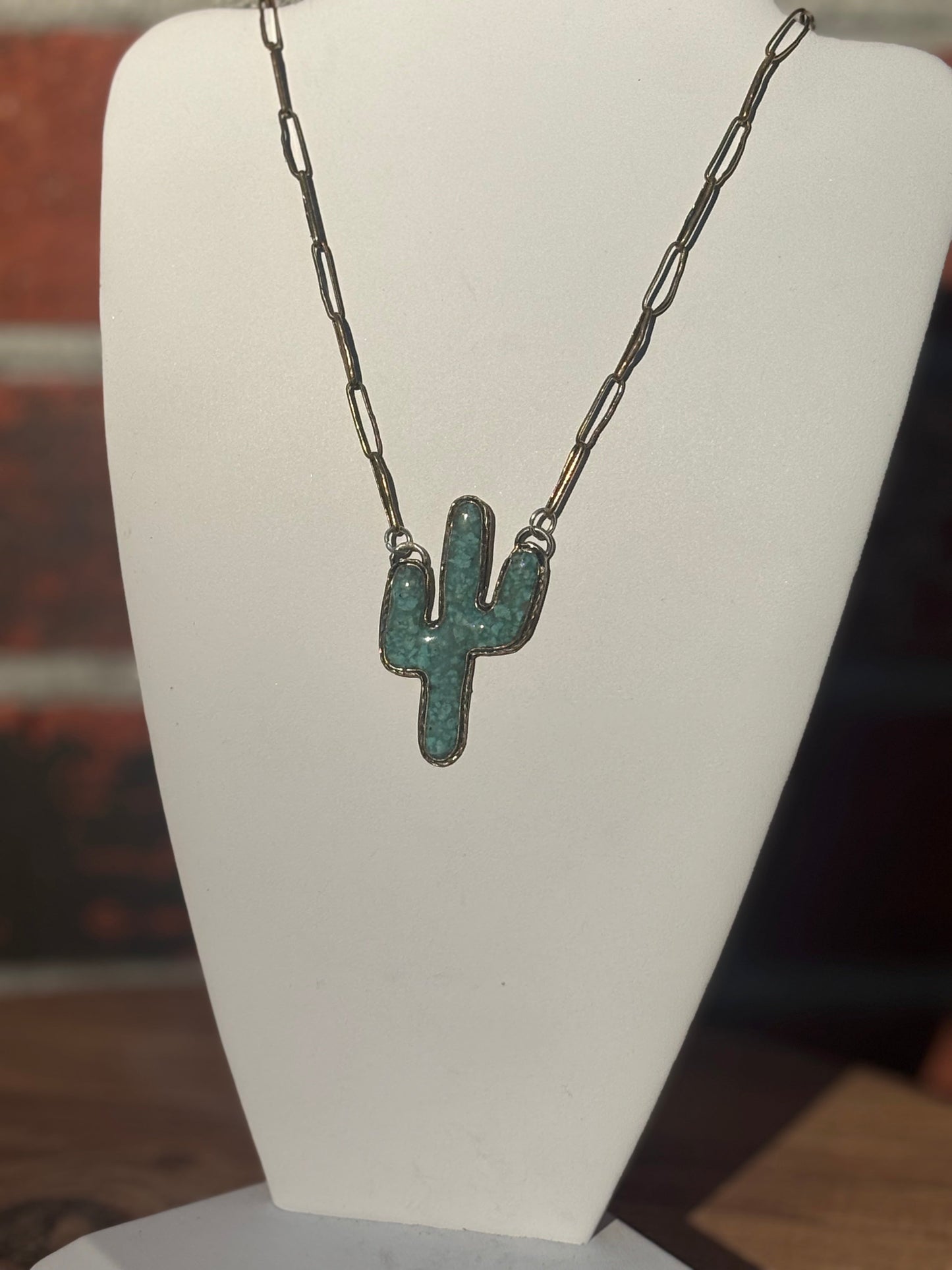 Jewelry Brass Light Blue Turquoise Inlay Necklace with Brass Paperclip Chain (18")