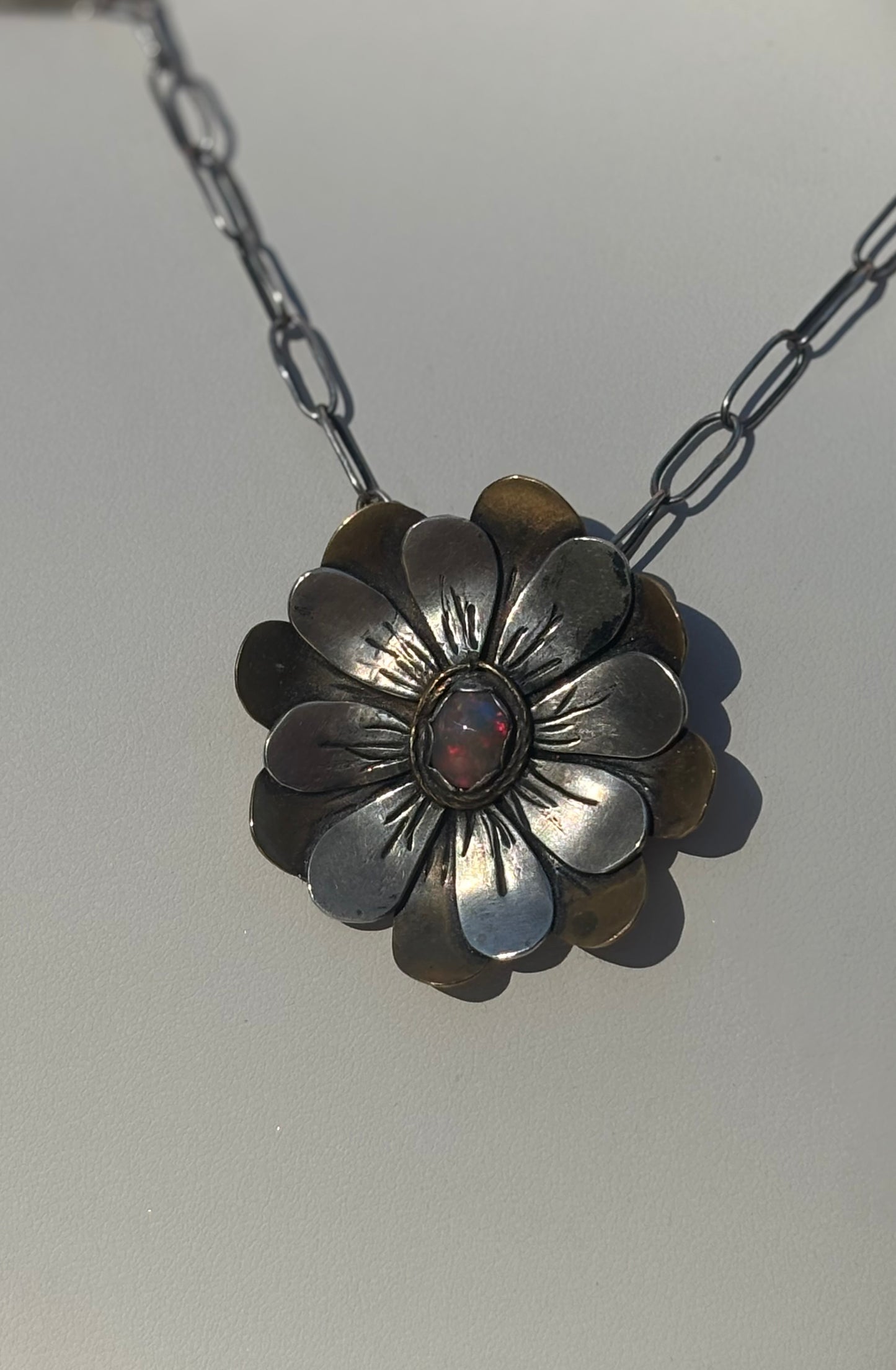 Ethiopian Opal Silver and Brass Flower Statement Necklace