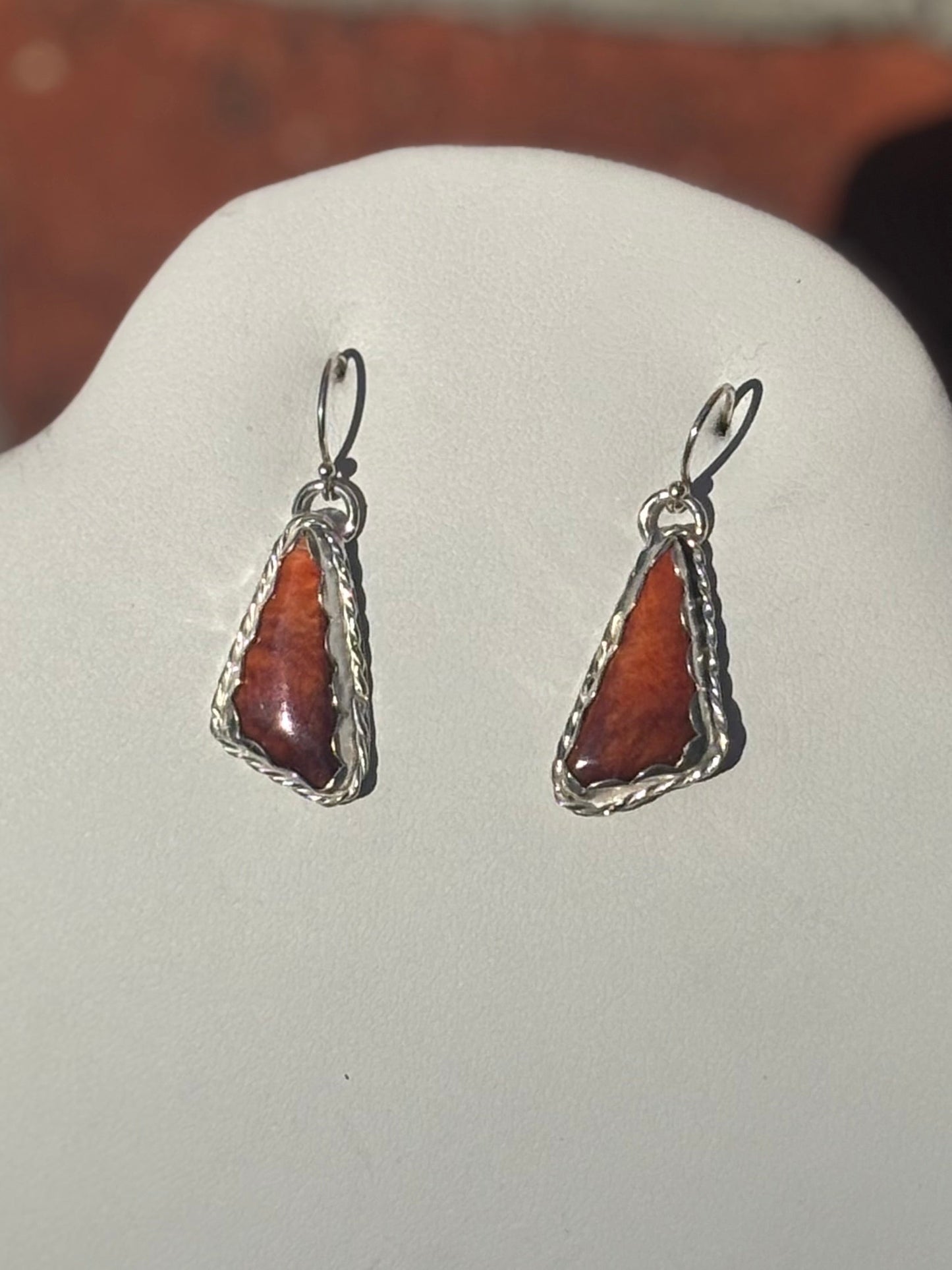 Orange Spiny Oyster Shell Dangling Earrings in Sterling Bezel Set