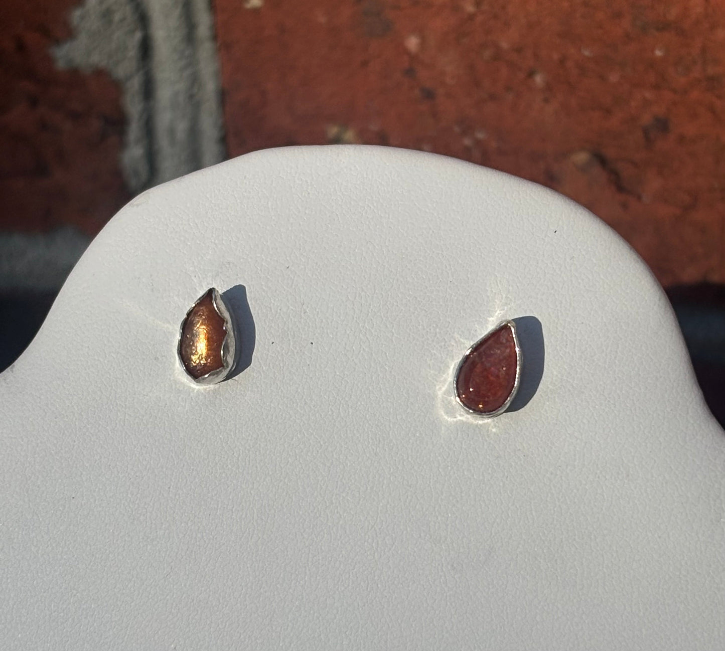 Sunstone Dainty Teardrop Mismatched Bezel Stud Earrings