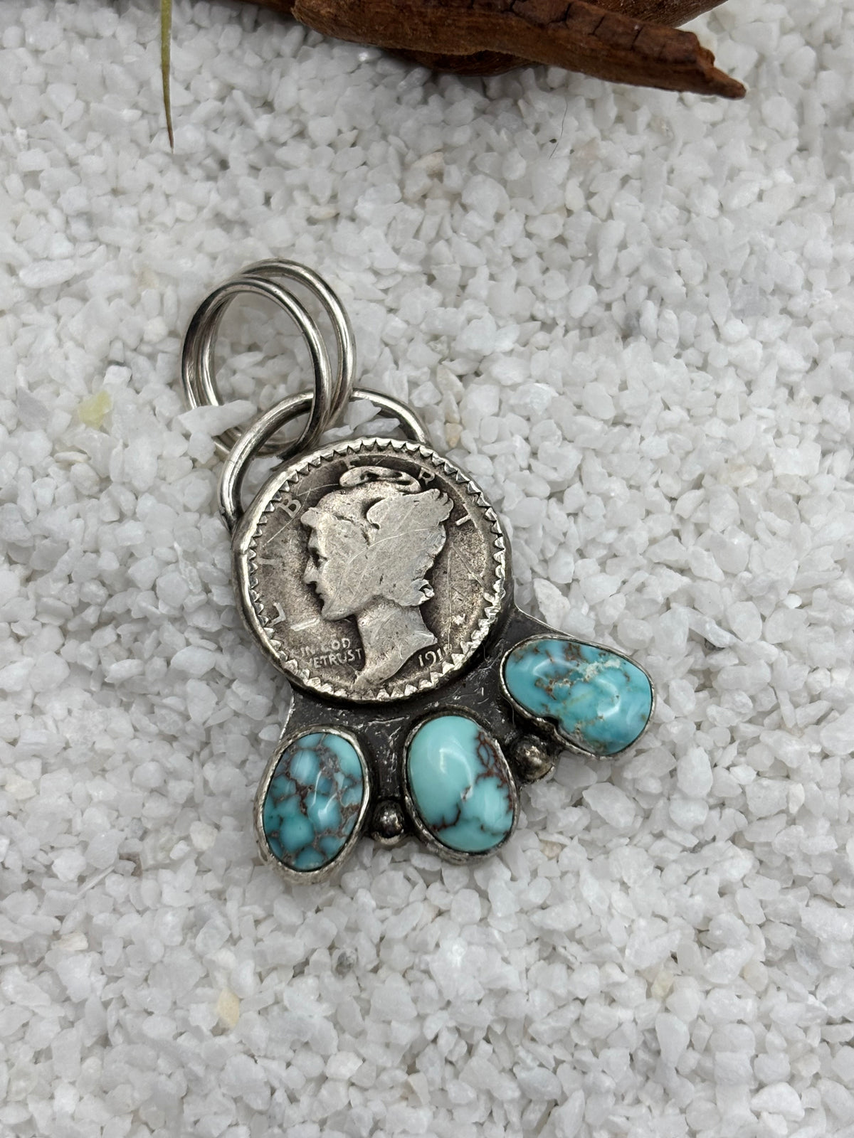 Mercury Dime & Turquoise Pendant detail
