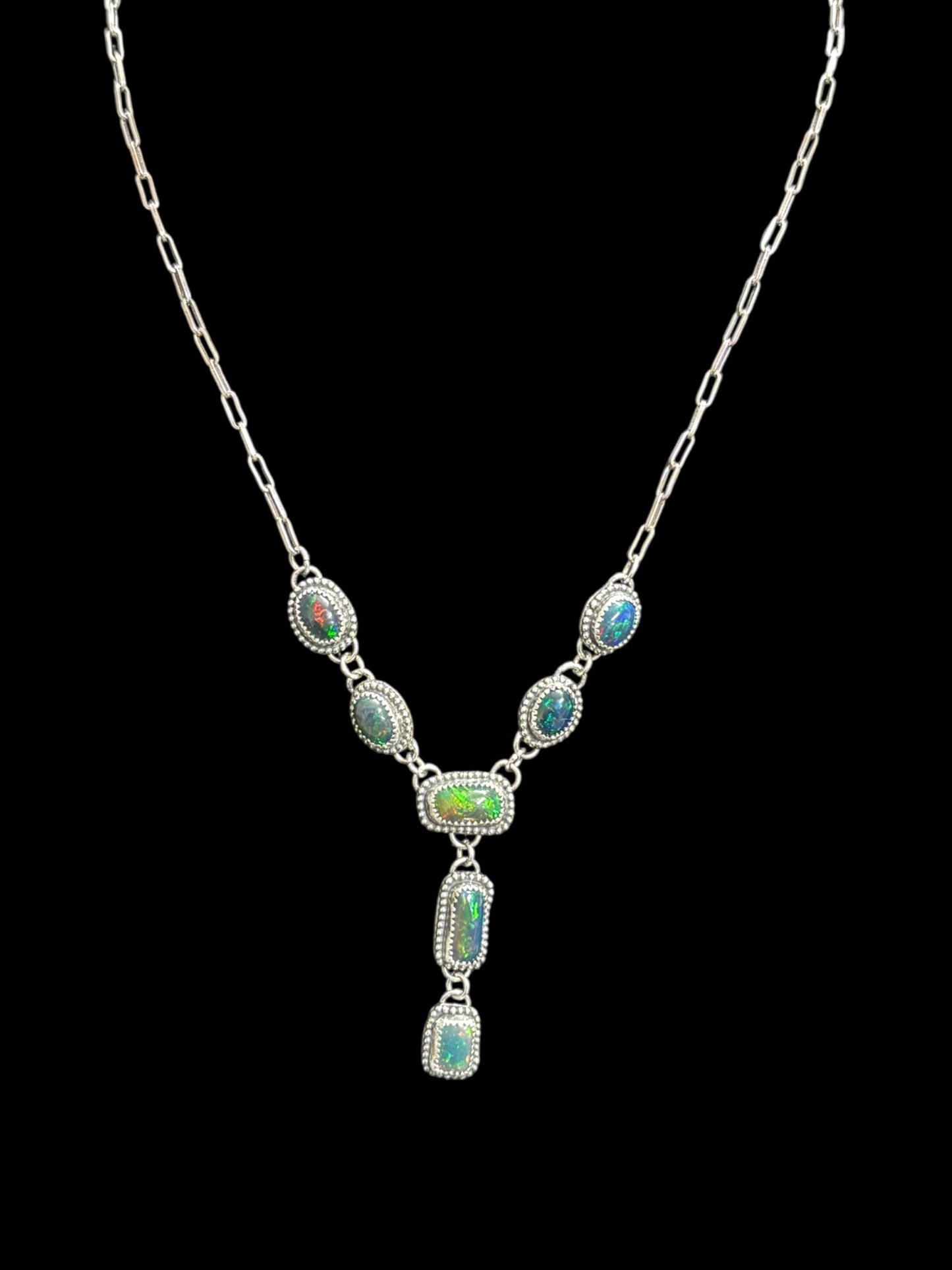 Natural Ethiopian Welo Opal Lariat Necklace & Earrings Set - Sterling Silver, Mesmerizing Play-of-Color Fire Opal, Handcrafted Statement Piece