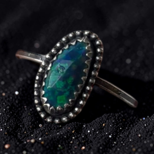 Handcrafted Sterling Silver Ring with Ethiopian Welo Opal - Vibrant Smoked Opal - Size 9
