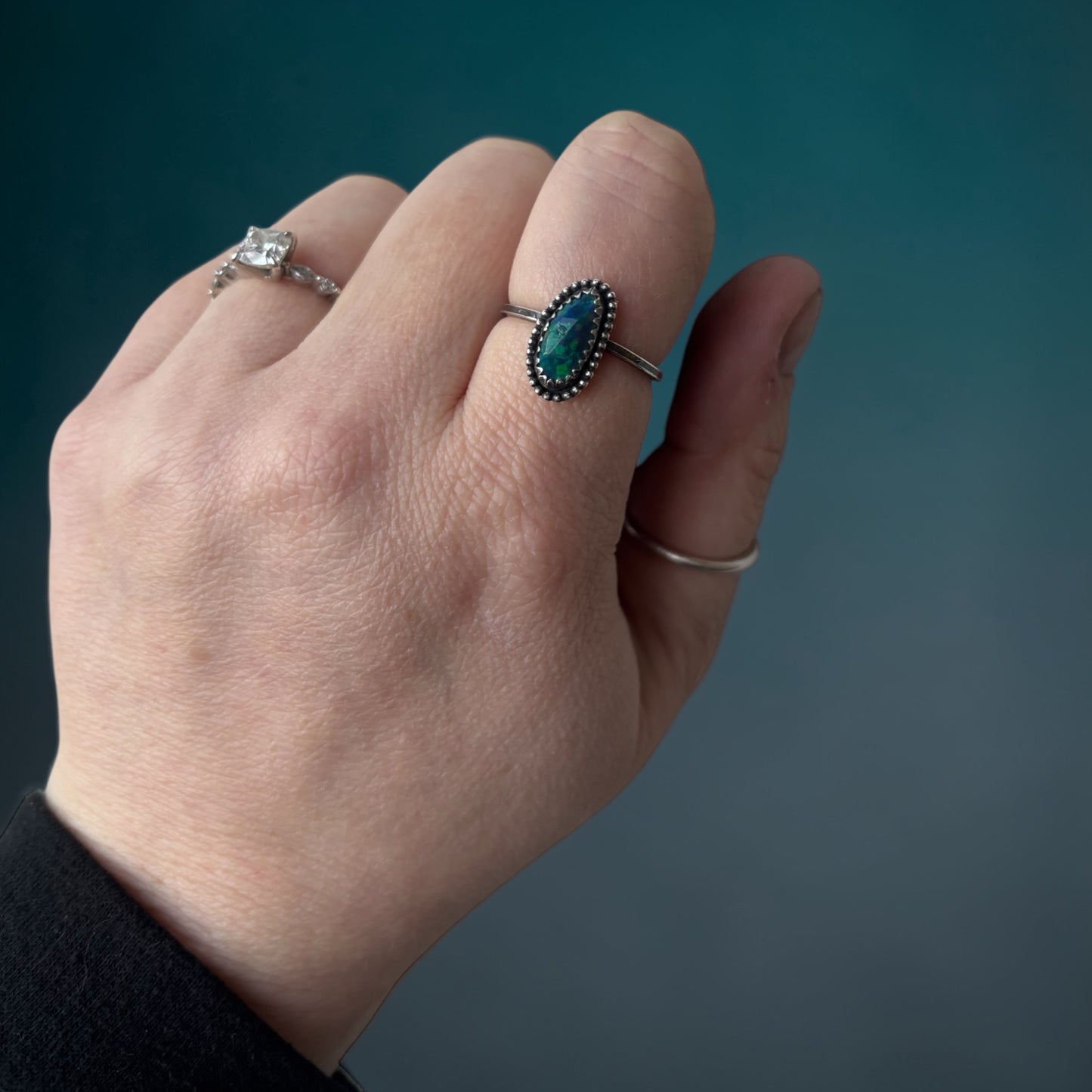 Handcrafted Sterling Silver Ring with Ethiopian Welo Opal - Vibrant Smoked Opal - Size 9