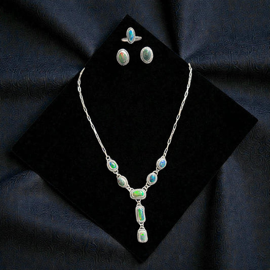 Natural Ethiopian Welo Opal Lariat Necklace & Earrings Set - Sterling Silver, Mesmerizing Play-of-Color Fire Opal, Handcrafted Statement Piece