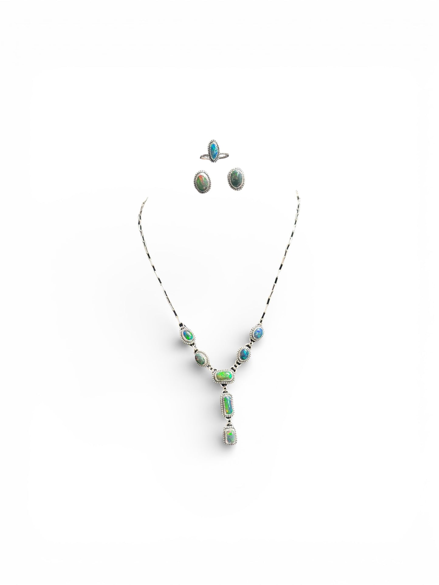 Natural Ethiopian Welo Opal Lariat Necklace & Earrings Set - Sterling Silver, Mesmerizing Play-of-Color Fire Opal, Handcrafted Statement Piece