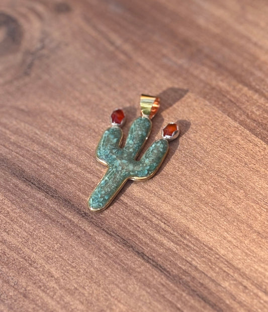 Jewelry Brass Cactus with Cacti Fruit Light Blue Turquoise Inlay Pendant with Sterling Accents