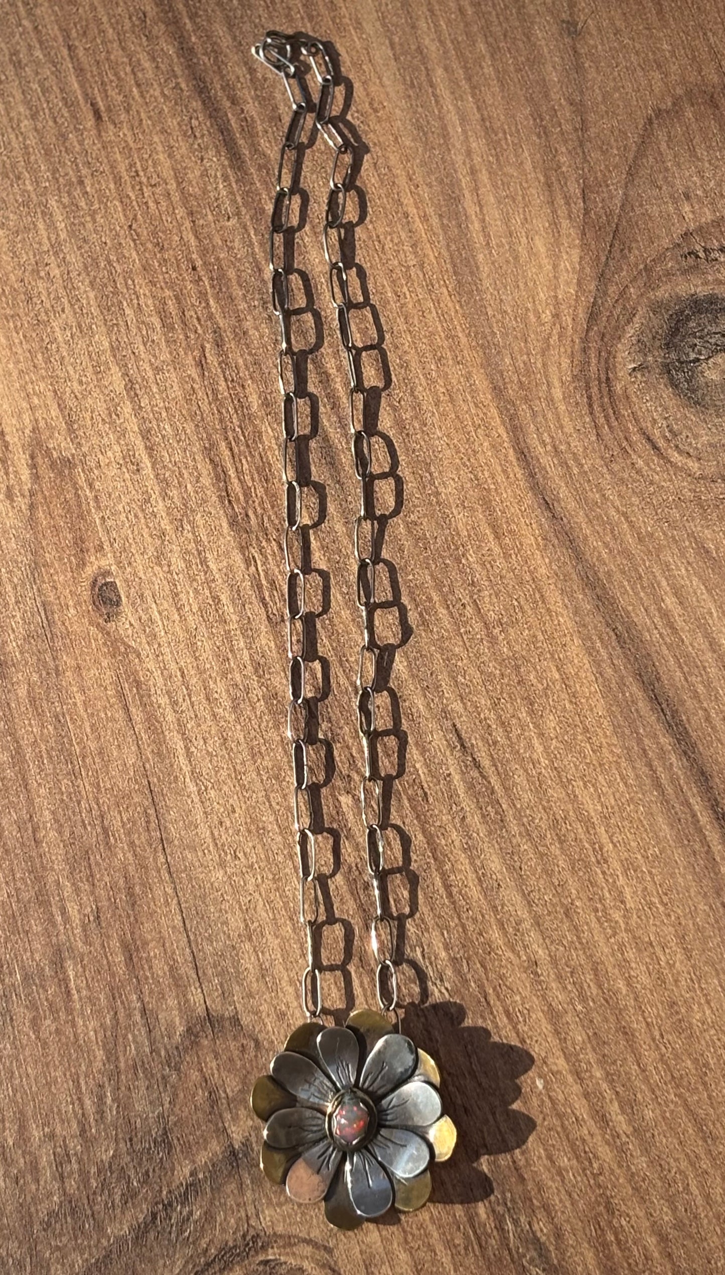 Ethiopian Opal Silver and Brass Flower Statement Necklace