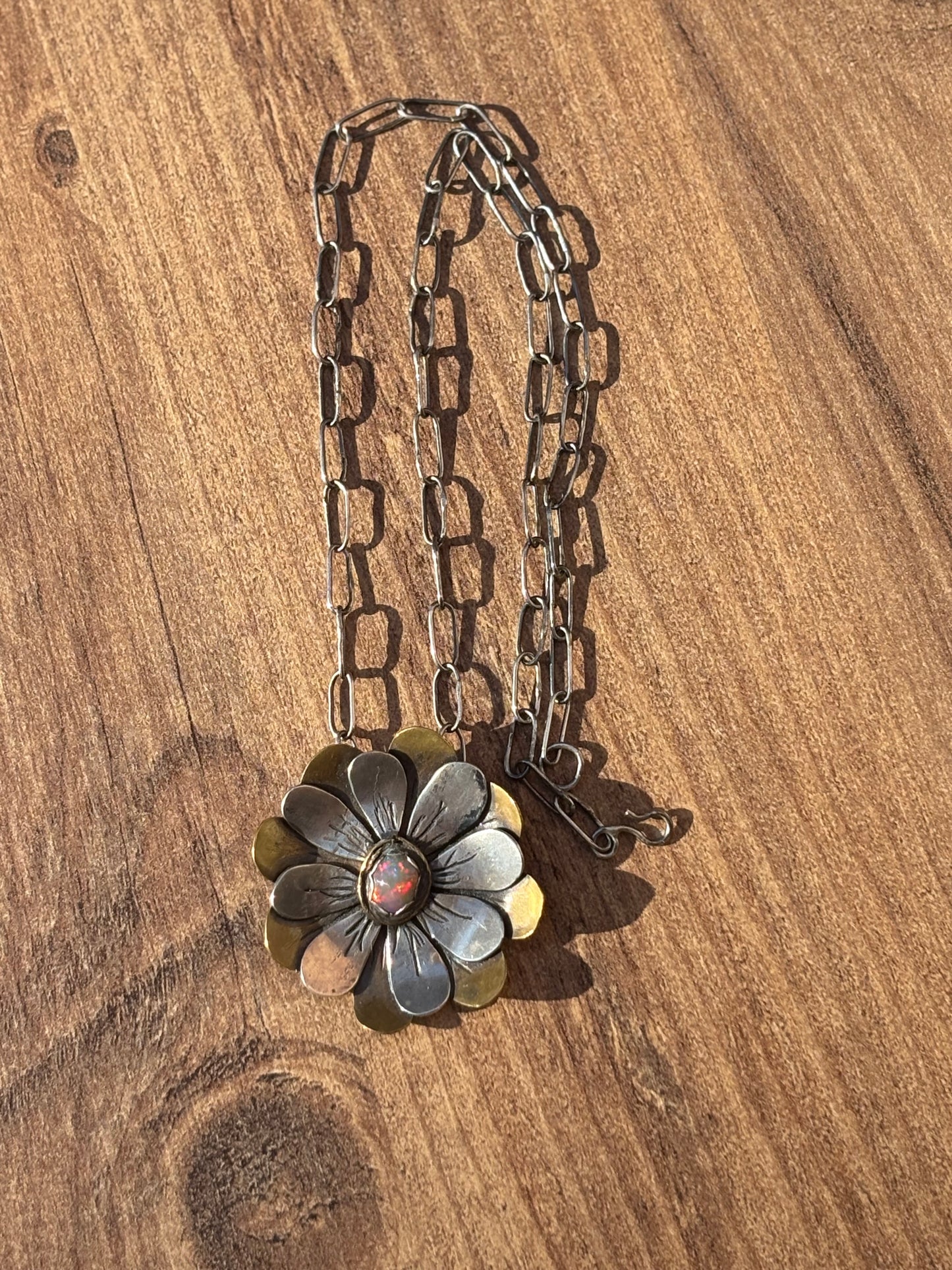 Ethiopian Opal Silver and Brass Flower Statement Necklace