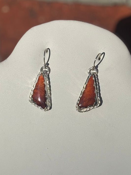 Orange Spiny Oyster Shell Dangling Earrings in Sterling Bezel Set