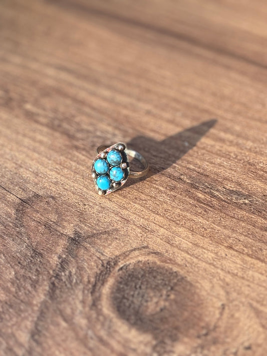 Unique Diamond-Shaped Ring with Four Round Turquoise Cabochons - Size 9