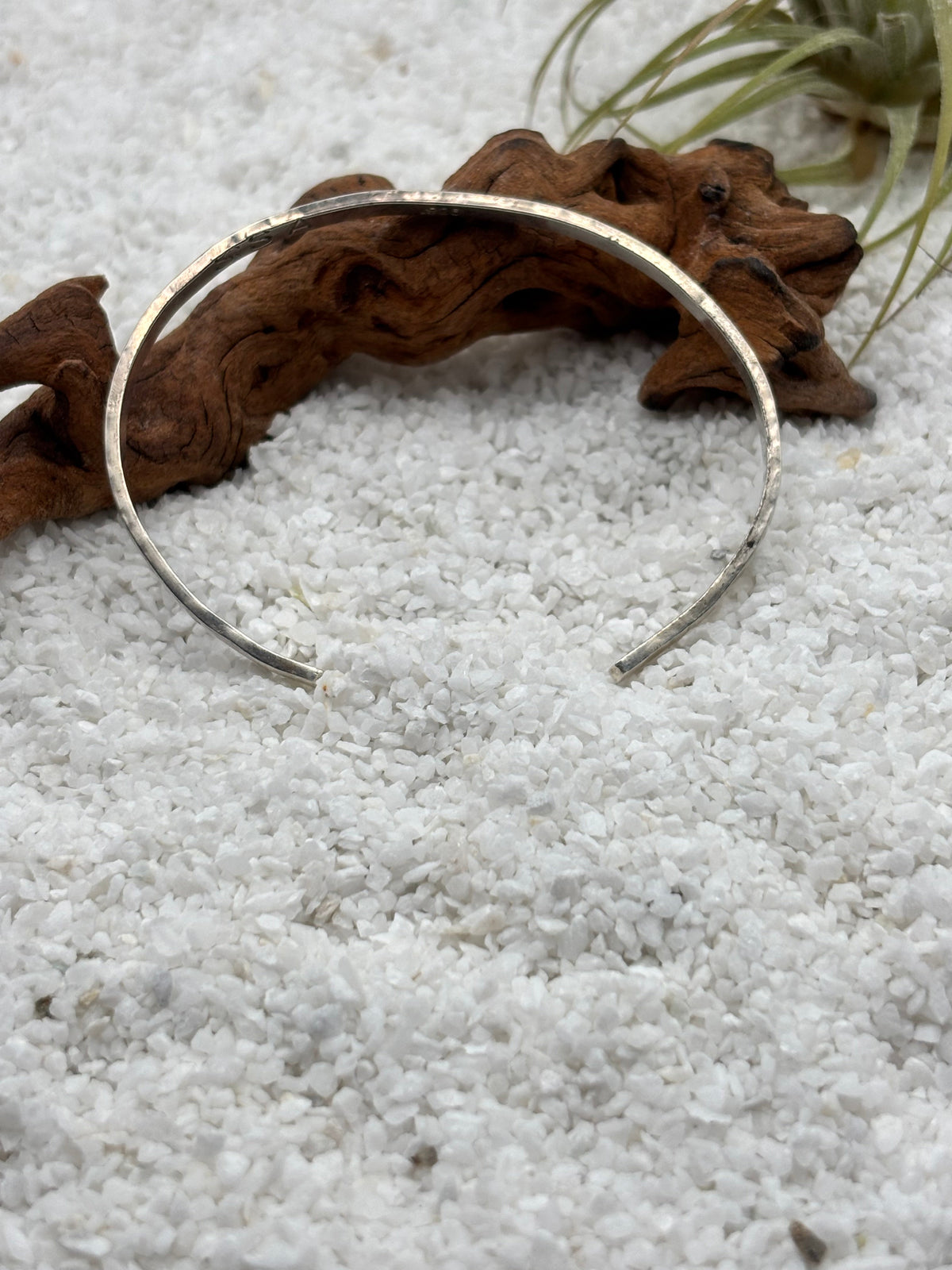 Hammered Silver Cuff Bracelet on wrist
