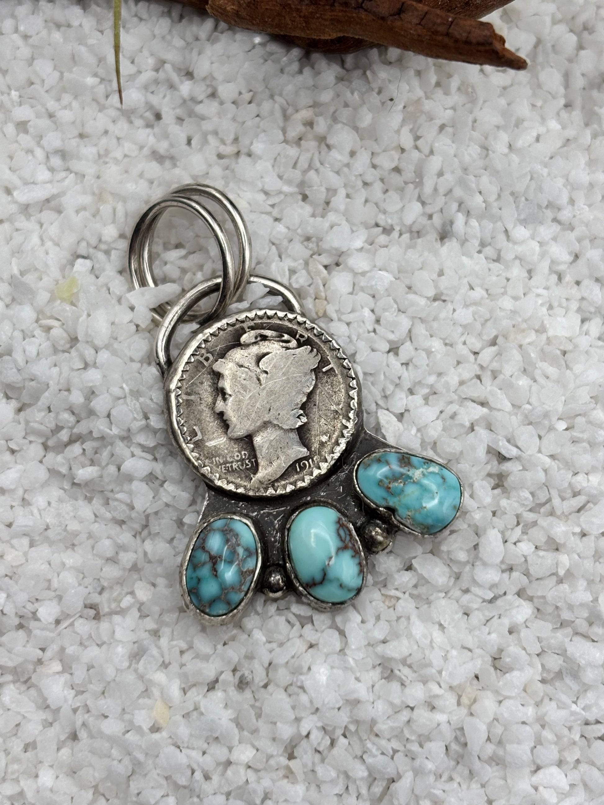 Mercury Dime & Turquoise Pendant detail