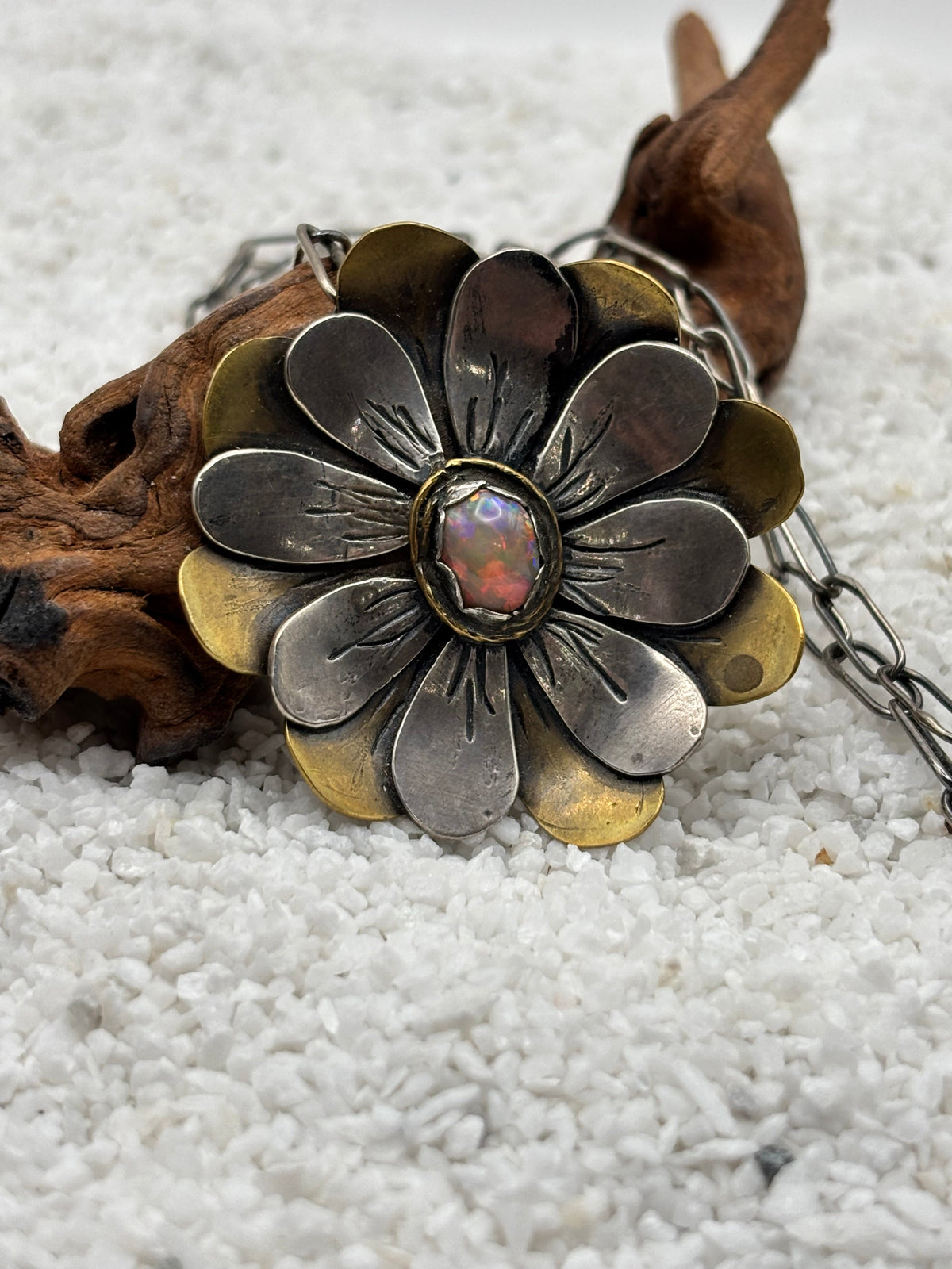 Silver Brass Smoked Opal Flower Necklace detail
