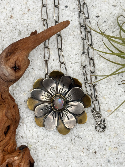 Silver Brass and Smoked Opal Flower Necklace