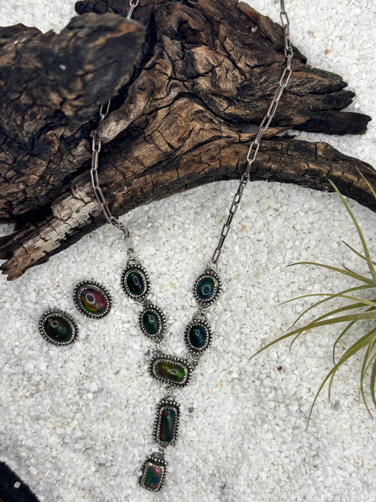 Ethiopian Smoked Welo Opal Lariat Necklace and Earrings Set
