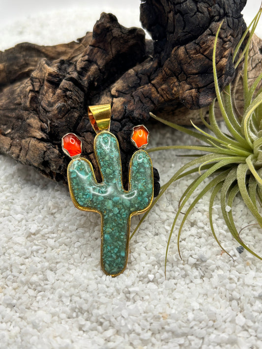 Jewelers Brass Turquoise Inlay Cactus Pendant with Fire Agate
