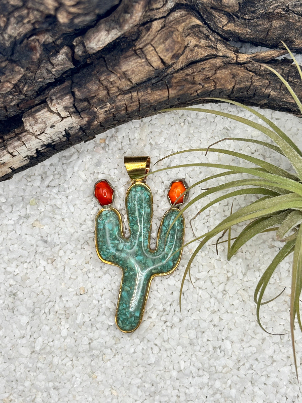 Brass Cactus Turquoise Pendant detail