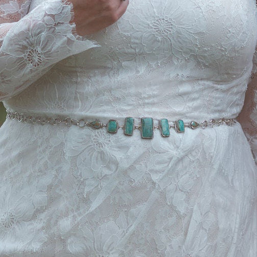 Sterling Silver Turquoise Statement Belt — Handmade Chain, 8 Genuine Turquoise Stones, Fully Adjustable | One of a Kind