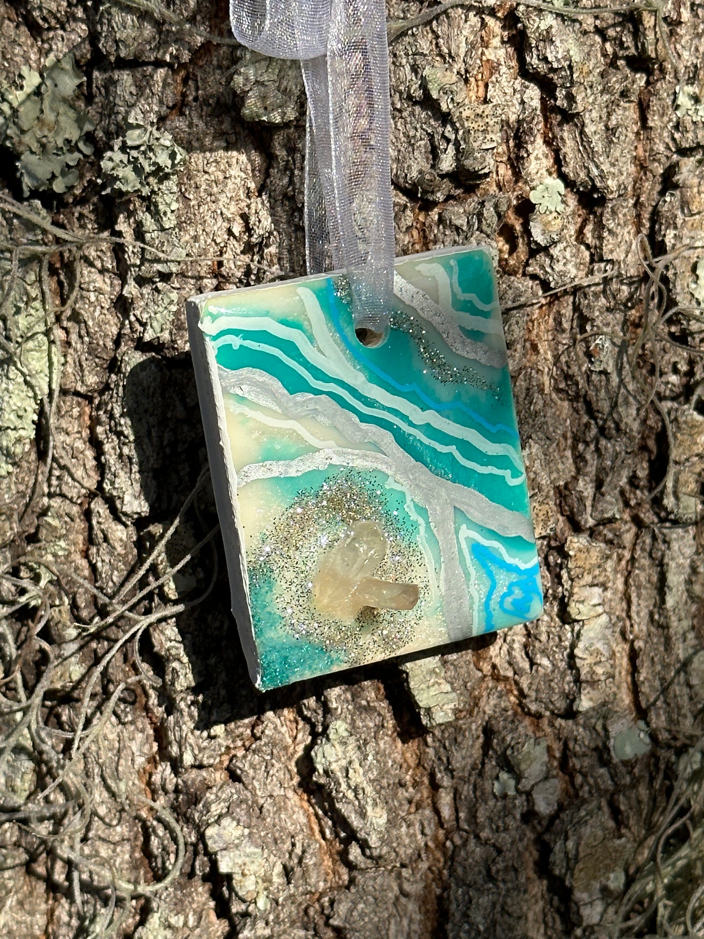 Teal and Quartz Geode Ornament